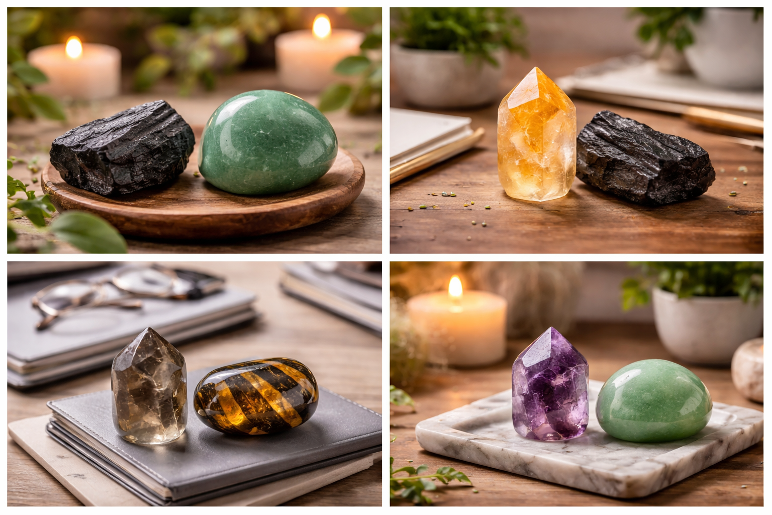 Four crystal pairings for protection and luck displayed in grouped sets