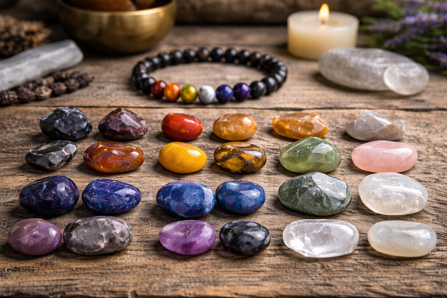 Men's chakra bracelet stones arranged by chakra color with labeled gemstone examples