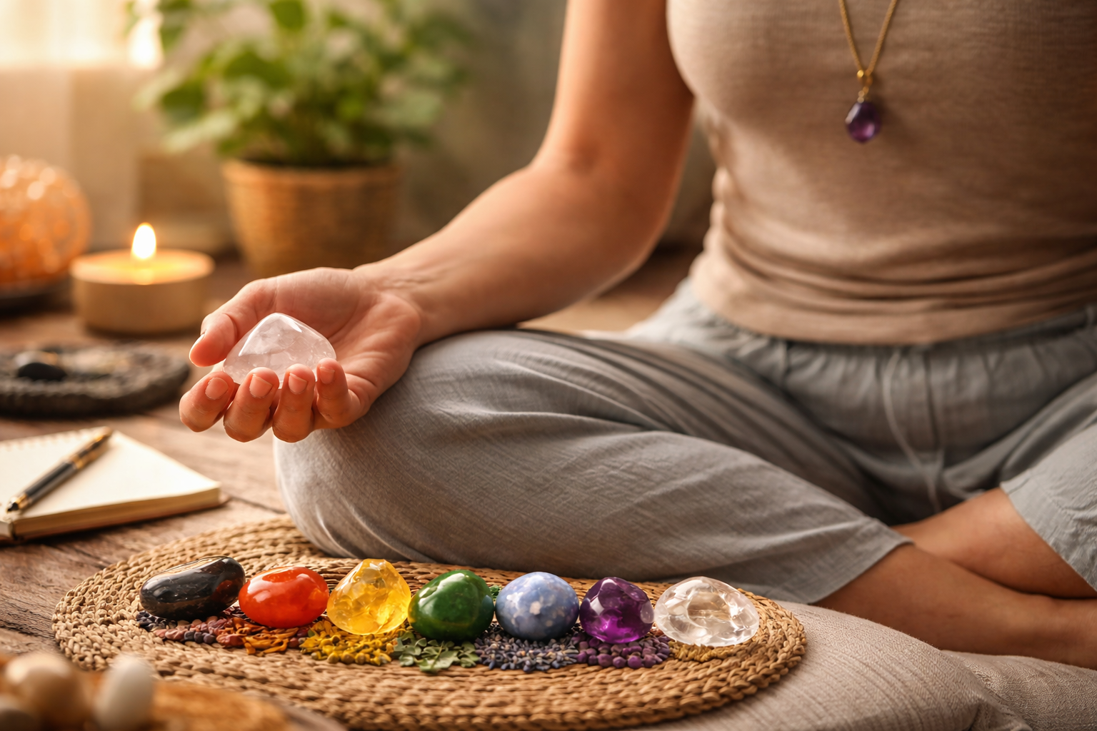 Person using chakra stones in a simple meditation setup with one stone held and others placed nearby