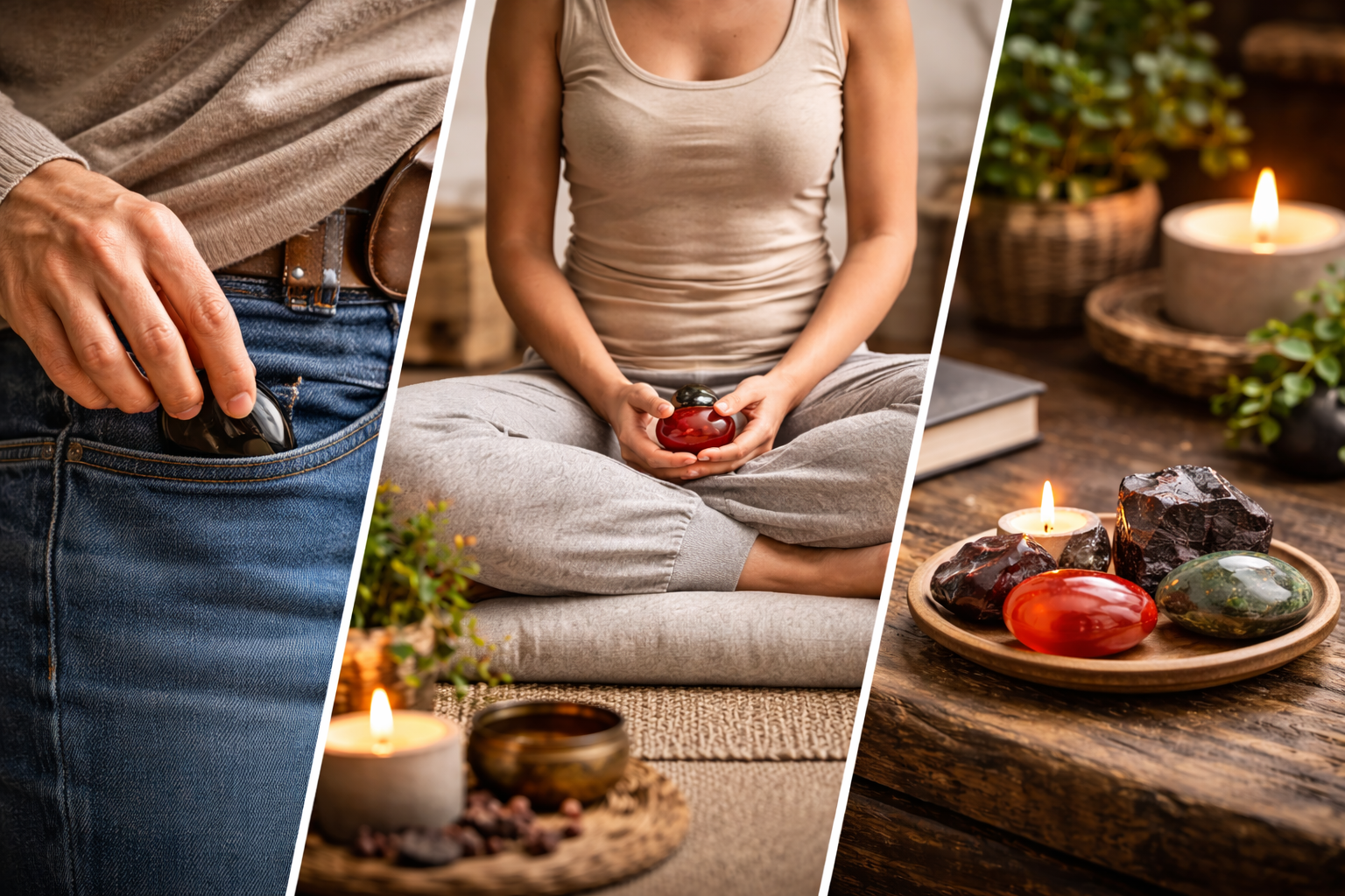 7 Crystals for the Root Chakra That Actually Match Your Need 3 Root chakra crystal used in daily practice on a lap, in a pocket, and placed beside a meditation space