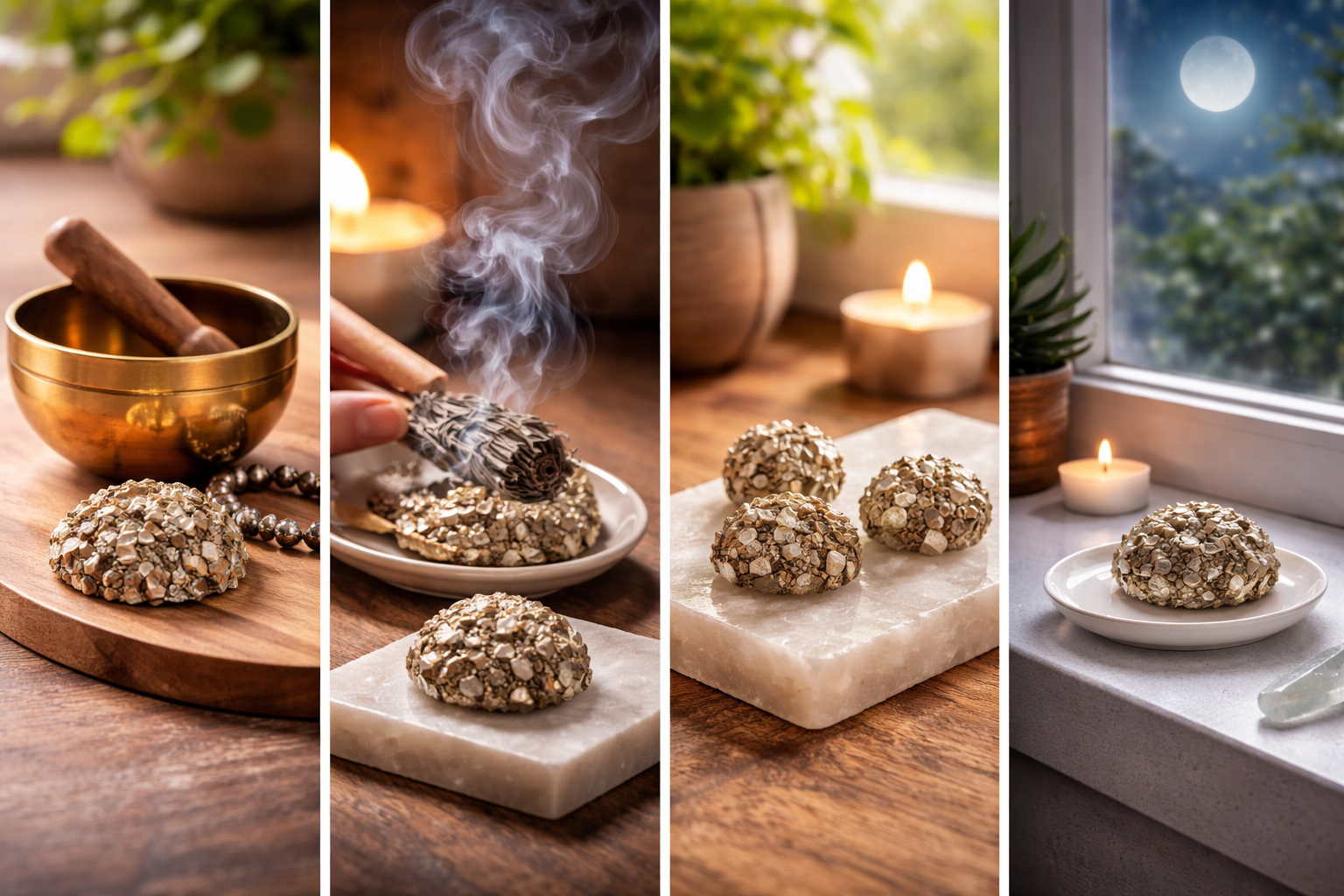 How to Cleanse Pyrite Crystals: 5 Safe Methods That Won’t Damage Them 2 Pyrite crystal beside a singing bowl, incense smoke, selenite slab, and dry indoor moonlight setup