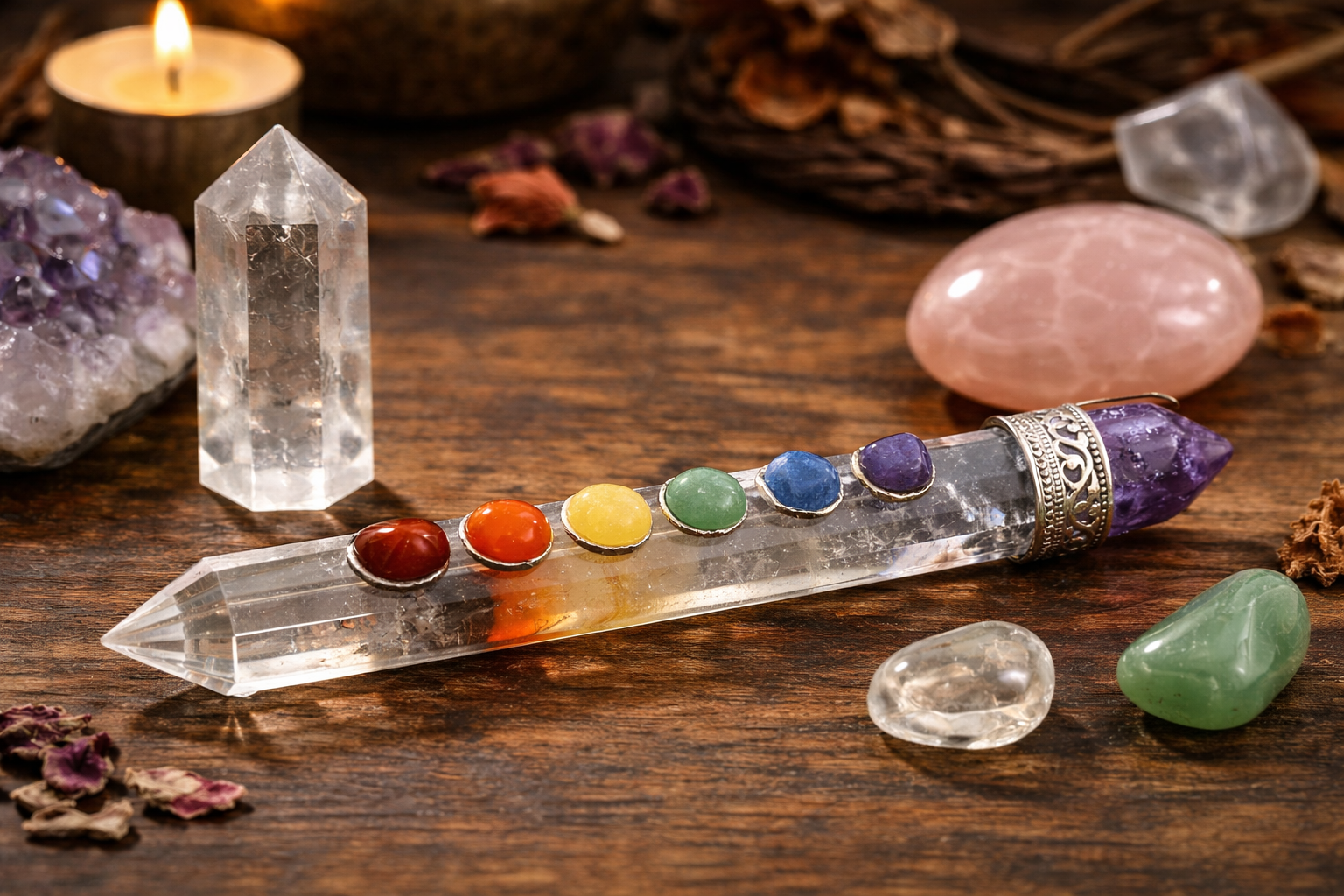 Crystal chakra wand shown beside a crystal tower and a palm stone for comparison
