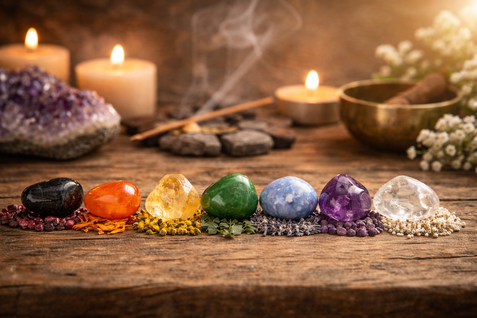 Seven chakra stones arranged in order from root to crown with color-coded labels