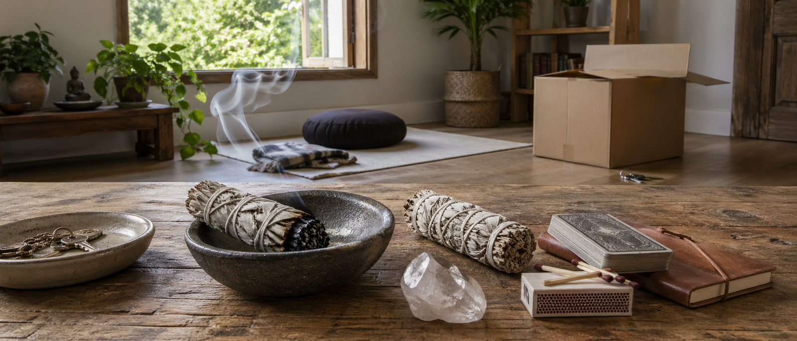 Sage smudge sticks with crystals, journal, and cleansing tools on a wooden table