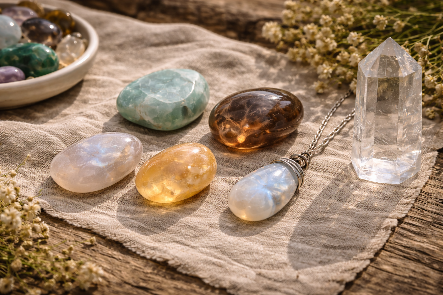 Different crystal forms for beginners including tumbled stones, palm stones, a pendant, and a point arranged for comparison