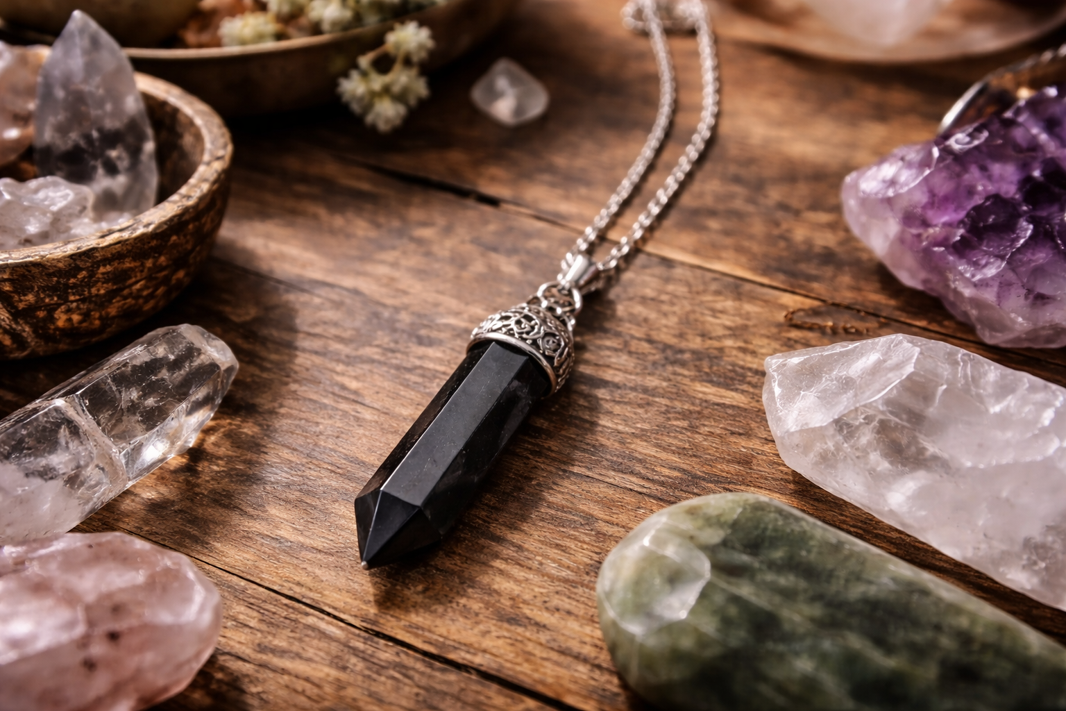 Black tourmaline crystal protection necklace with natural stone pendant on a simple chain