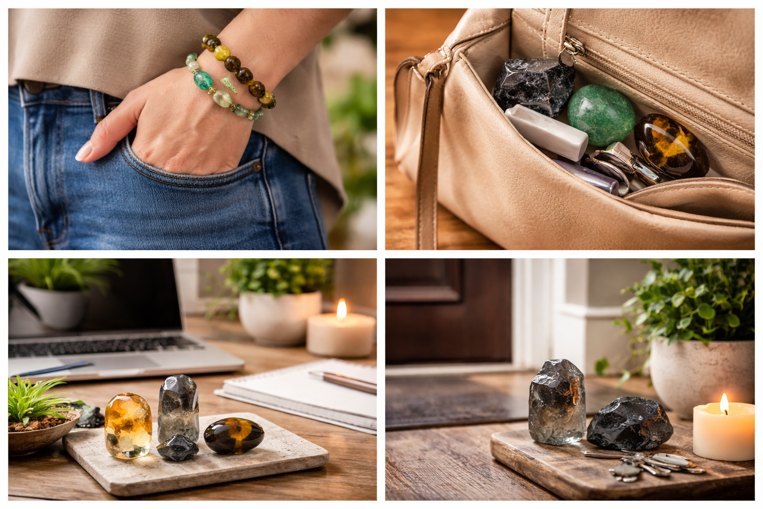 Crystals shown as bracelet, pocket stone, desk piece, doorway stone, and bedside placement
