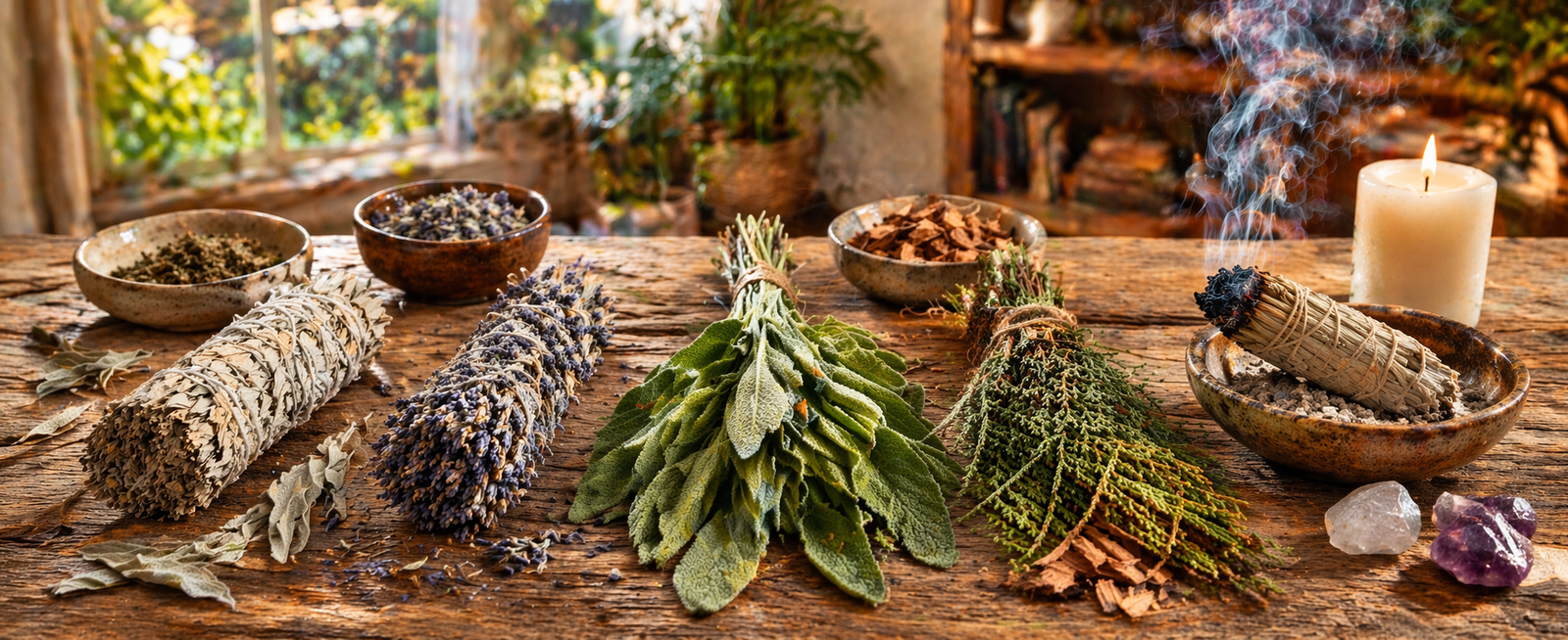 White sage, blue sage, garden sage, and cedar arranged side by side for comparison