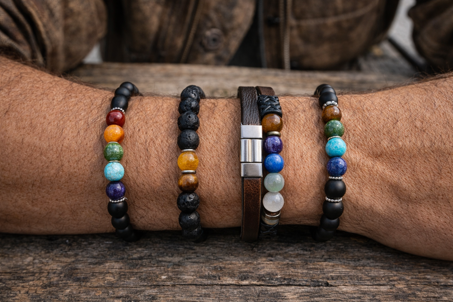 Comparison of men's chakra bracelet styles including matte beads, lava stone, leather cuff, and metal accents