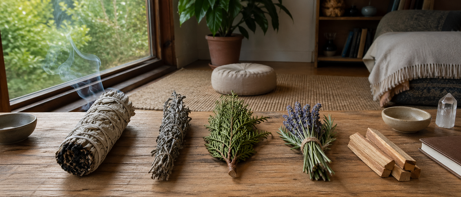 White sage, blue sage, cedar, lavender, rosemary, and palo santo arranged for comparison